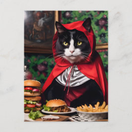 Red Riding Hood Cat isst Cheesburger und Fries Postkarte