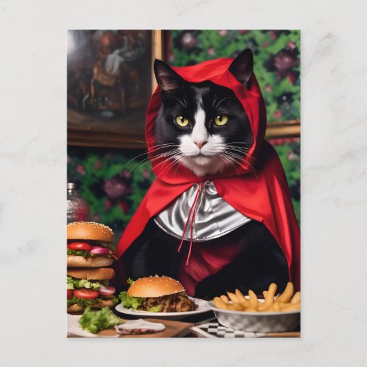 Red Riding Hood Cat isst Cheesburger und Fries Postkarte (Vorderseite)