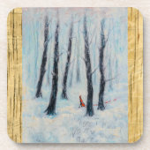Red Riding Hood-Figur in einem Winterwald Getränkeuntersetzer (Vorderseite)