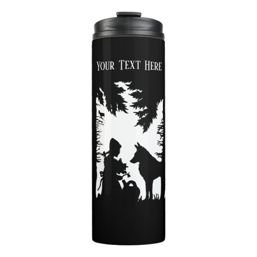 Red Riding in Woods Trees Wolf Black Silhouette Thermosbecher (Vorderseite)