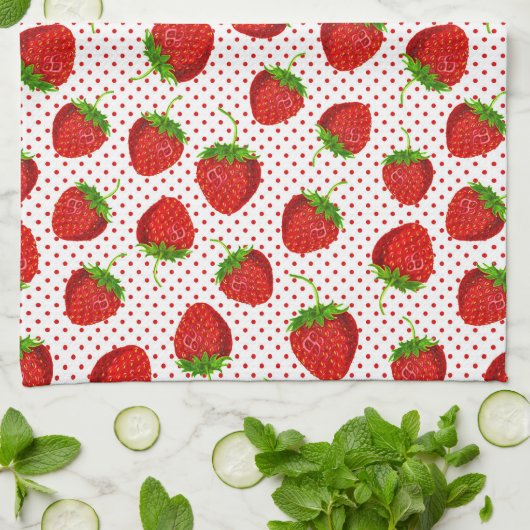 Red Ripe Strawberry and Dots Pattern Geschirrtuch (Gefaltet)