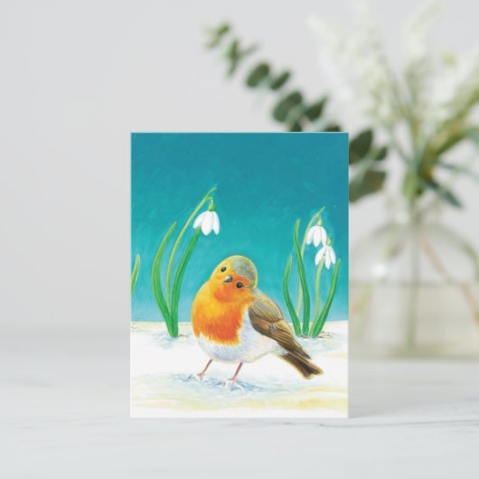 Red Robin Bird (Erithacus rubecula) & Snowdrops Postkarte (Stehend Vorderseite)