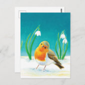 Red Robin Bird (Erithacus rubecula) & Snowdrops Postkarte (Vorne/Hinten)