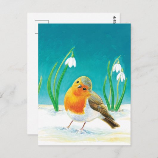 Red Robin Bird (Erithacus rubecula) & Snowdrops Postkarte (Vorne/Hinten)