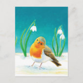 Red Robin Bird (Erithacus rubecula) & Snowdrops Postkarte (Vorderseite)