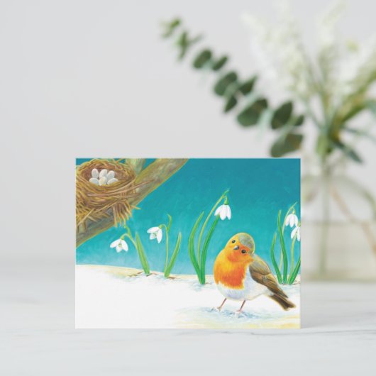 Red Robin Bird & Snowdrop Illustration Postkarte (Stehend Vorderseite)