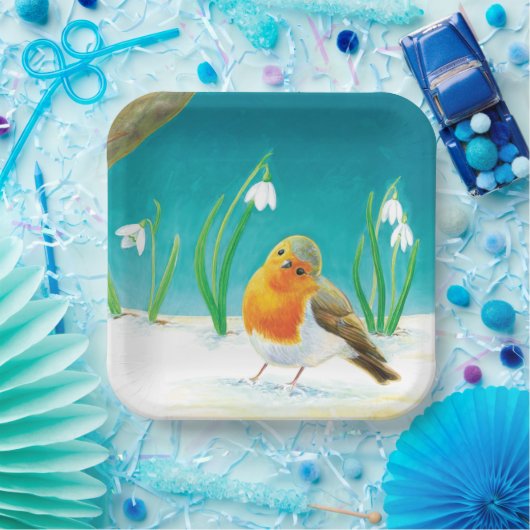 Red Robin Bird & Snowdrops Illustration Pappteller (Party)