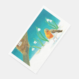 Red Robin Bird & Snowdrops Illustration Serviette