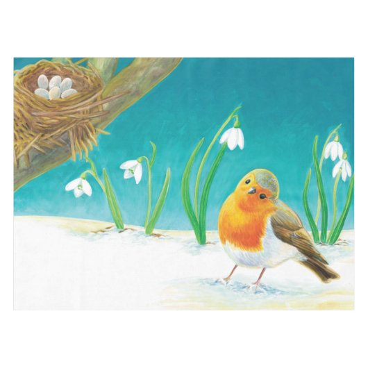 Red Robin Bird & Snowdrops Illustration Tischdecke (Vorderseite (Horizontal))
