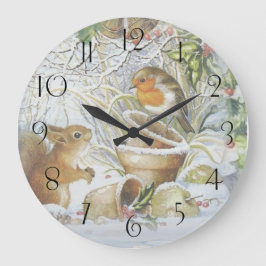 Red Robin Bird Squirrel Winter Weihnachten Große Wanduhr