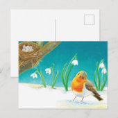 Red Robin & Early Spring Snowdrops Illustration Postkarte (Vorne/Hinten)