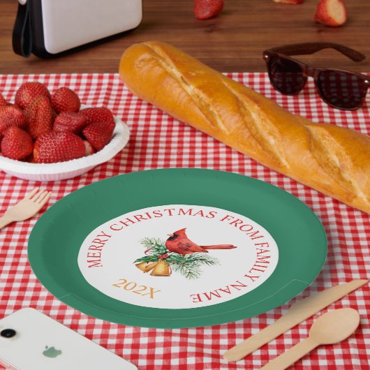 Red Robin & Gold Weihnachtsglocken auf Weiß & Grün Pappteller (Picknick)