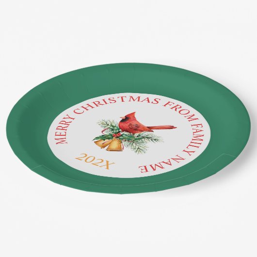 Red Robin & Gold Weihnachtsglocken auf Weiß & Grün Pappteller (Schrägansicht)