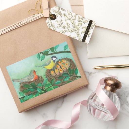 Red Robin und Great Tit Bird Nesting Rechteckiger Aufkleber (Schenken)