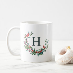 Red Robin Wreath Holiday Monogram Kaffeetasse