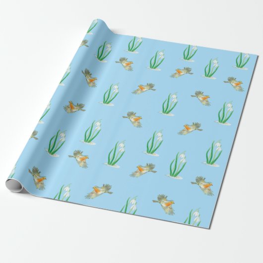 Red Robins und Snowdrops Geschenkpapier (Ungerollt)