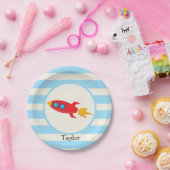 Red Rocket Space Ship; Light Blue Stripes Pappteller (Party)