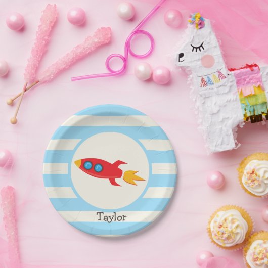 Red Rocket Space Ship; Light Blue Stripes Pappteller (Party)