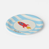 Red Rocket Space Ship; Light Blue Stripes Pappteller (Schrägansicht)
