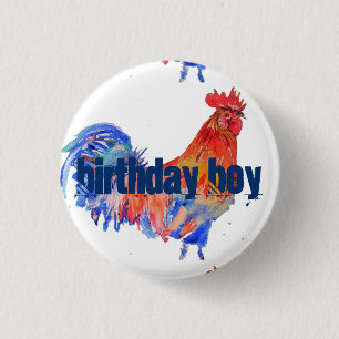 Red Rooster Blue Watercolor Geburtstagskunst Button