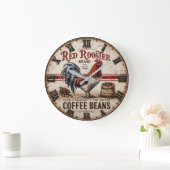 Red Rooster Coffee Beans Rustic Farmhouse Große Wanduhr (Zuhause)