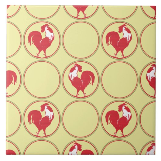 Red Rooster Medallion Muster auf Gelb Fliese (Vorderseite)