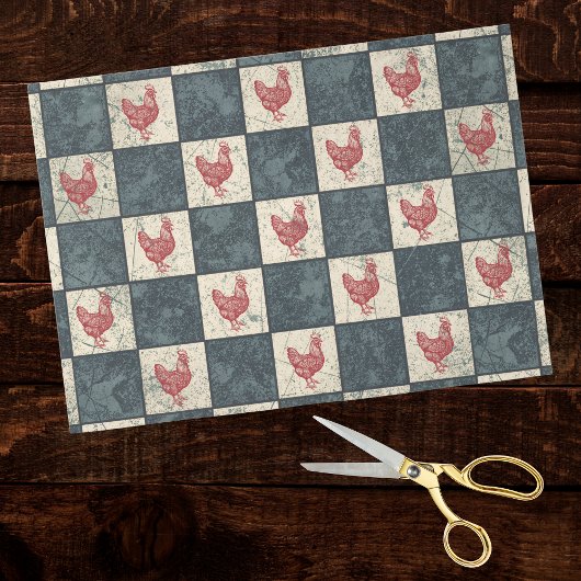 Red Rooster on Gray Black Checkerboard Farmhouse Seidenpapier