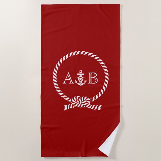Red Rope and Anchor Mit Monogramm Strandtuch (Vorderseite)