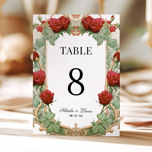 Red Rose Art Nouveau Wedding Table Number Einladung