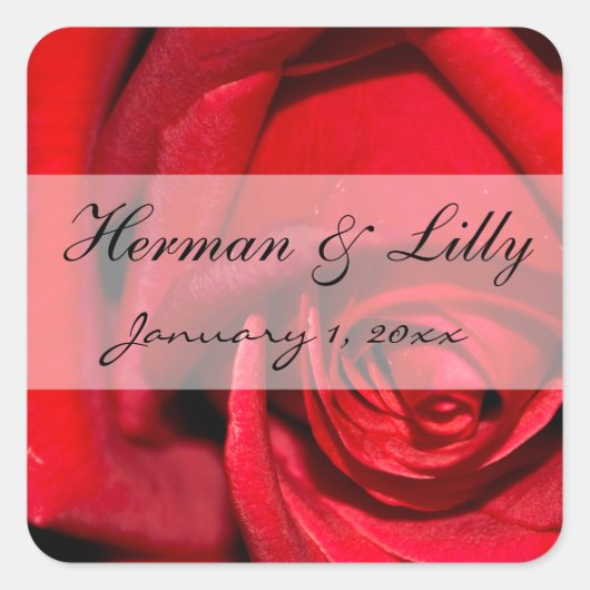 Red Rose Close Up Personalized Wedding Quadratischer Aufkleber (Vorderseite)