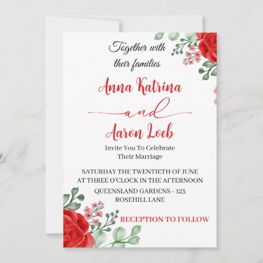 Red Rose Floral Wedding Invitation Template Einladung (Vorderseite)