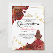Red Rose Gold Elegant Princess Quinceañera Einladung (Vorderseite)