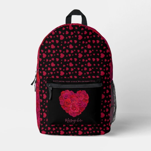Red Rose Heart Romantic Floral Custom Text Bedruckter Rucksack (Vorderseite)