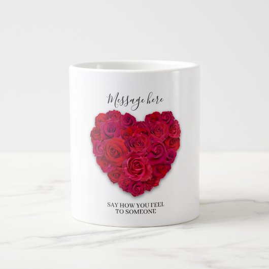 Red Rose Heart Romantic Floral Custom Text Jumbo-Tasse (Vorderseite)