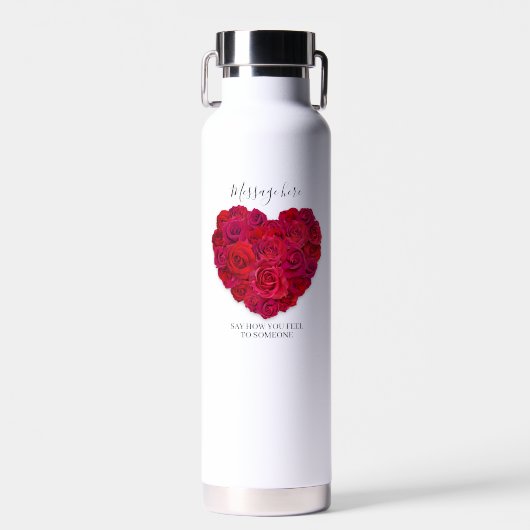 Red Rose Heart Romantic Floral Custom Text Trinkflasche (Vorne)