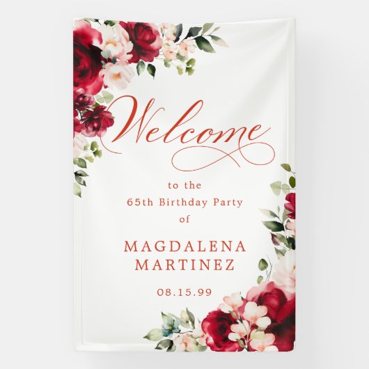 Red Rose Pink Peony 65th Birthday Welcome Banner (Vertikal)