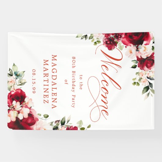 Red Rose Pink Peony 80th Birthday Welcome Banner (Horizontal)
