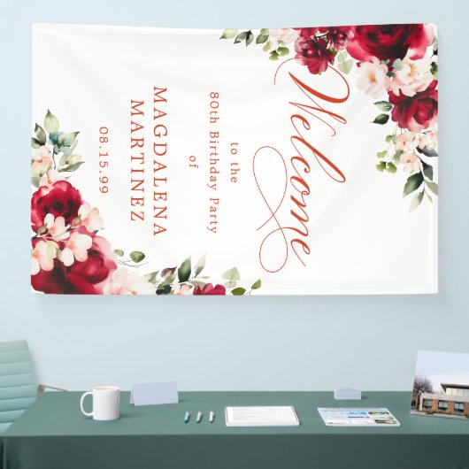 Red Rose Pink Peony 80th Birthday Welcome Banner (Messe)