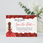Red Rose Quinceañera Save the Date Card (Stehend Vorderseite)