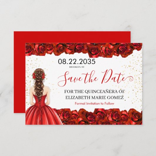 Red Rose Quinceañera Save the Date Card (Vorne/Hinten)