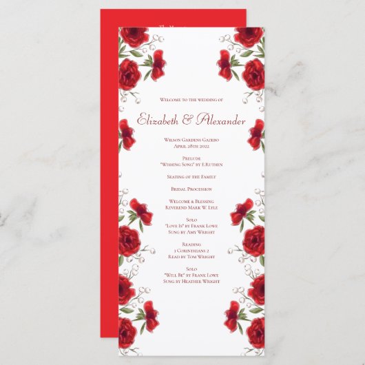 Red Rose Romantic Wedding Programs Menükarte (Vorne/Hinten)