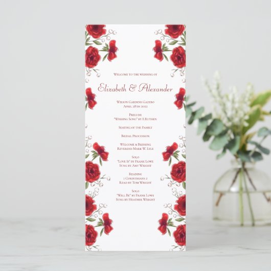 Red Rose Romantic Wedding Programs Menükarte (Stehend Vorderseite)