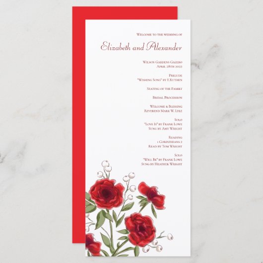 Red Rose Romantic Wedding Programs Menükarte (Vorne/Hinten)