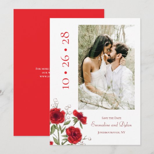 Red Rose Romantic Wedding Save the Date Einladung (Vorne/Hinten)