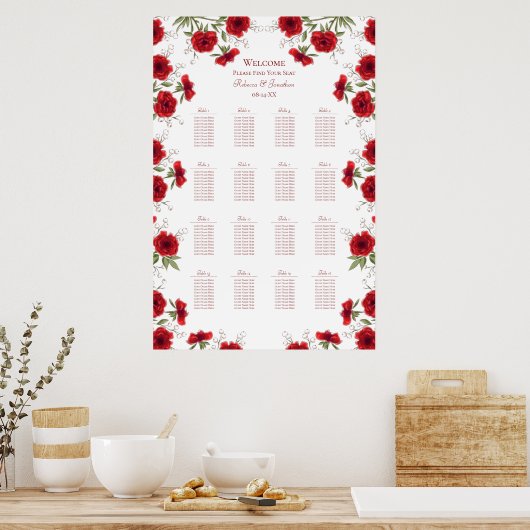 Red Rose Romantic Wedding Seating Chart Poster (Küche)