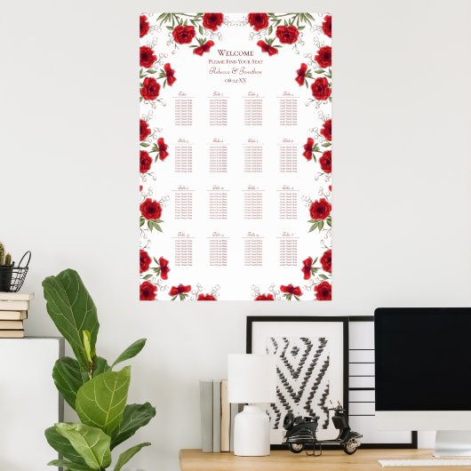 Red Rose Romantic Wedding Seating Chart Poster (Heimbüro)