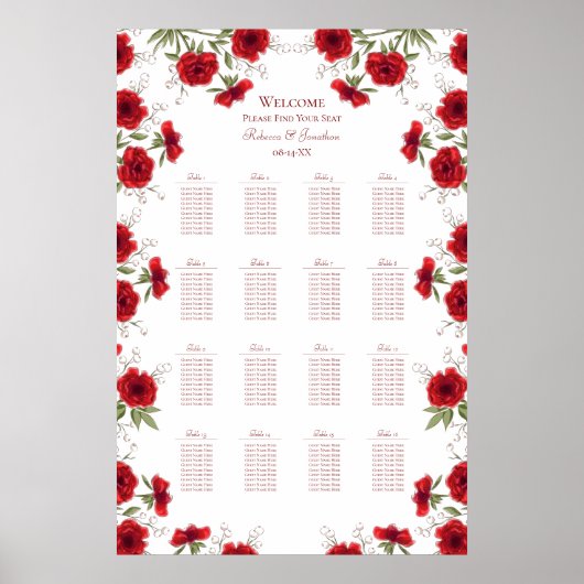 Red Rose Romantic Wedding Seating Chart Poster (Vorne)