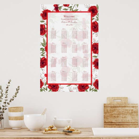 Red Rose Romantic Wedding Seating Chart Poster (Küche)