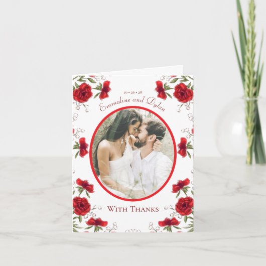 Red Rose Romantic Wedding Thank You Cards Photo Einladung (Vorderseite)