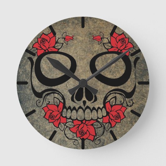 Red Rose Skull Runde Wanduhr (Vorderseite)